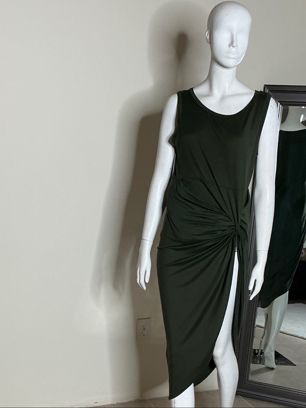 Emerald Olive One-Shoulder Knot-Front Midi Dress